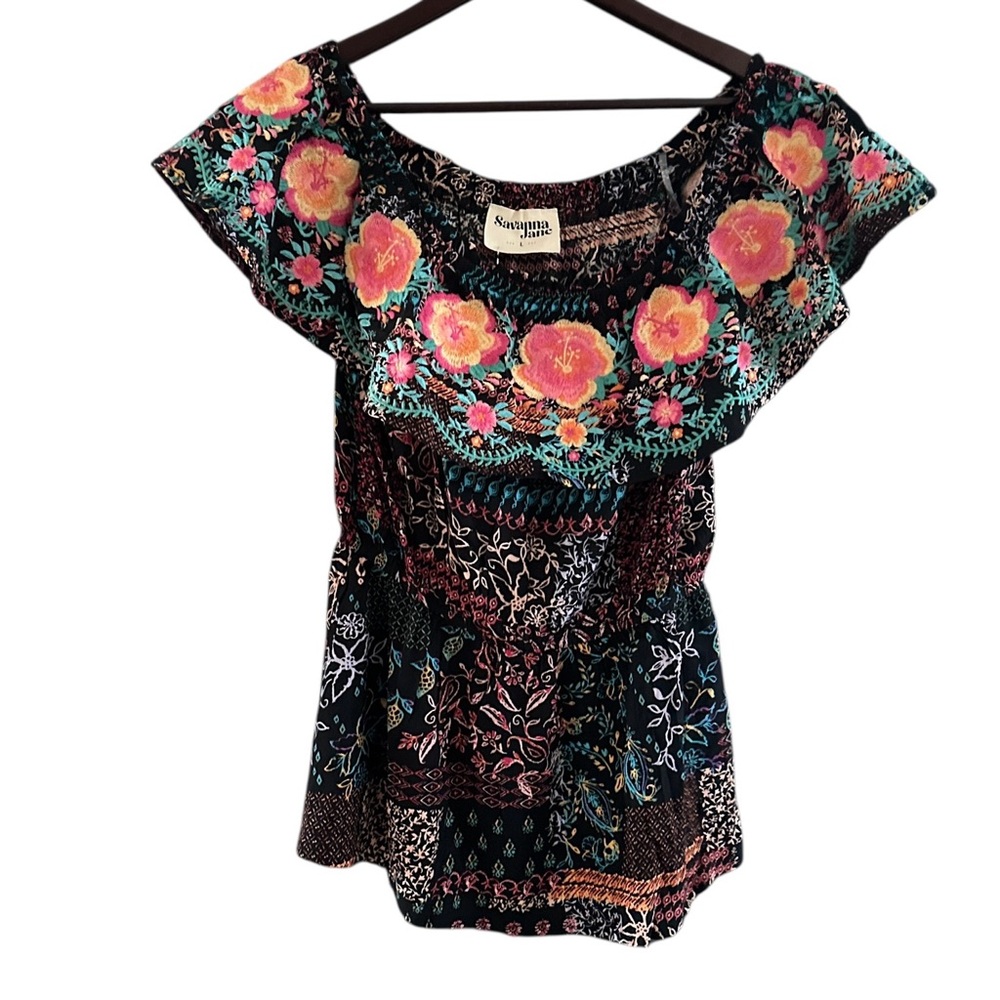 SAVANNA JANE Floral Boho Blouse Black Off Shoulder Peasant Top L NWOT